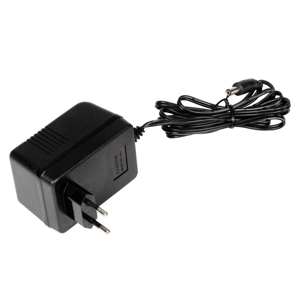 A black power adapter with a cord and plug.
