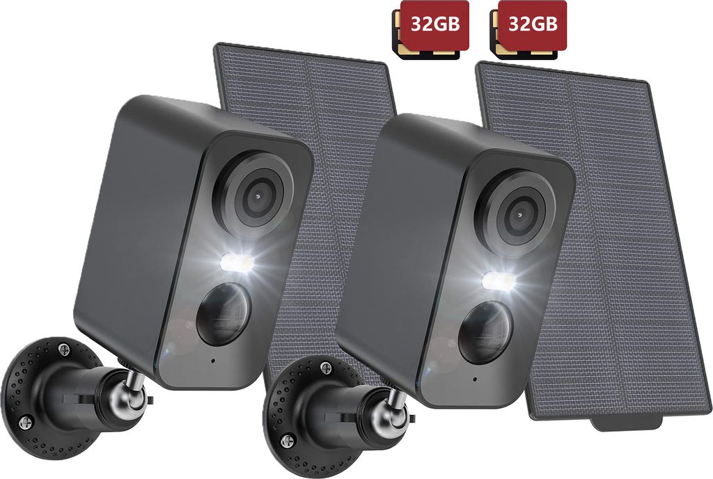 2K Überwachungskamera Aussen Wlan Akku mit Solarpanel, Outdoor Kamera Farbnachtsicht mit PIR, Zwei-Wege-Audio, Fernüberwachung, Alarm, 2PCS, 32GBx2