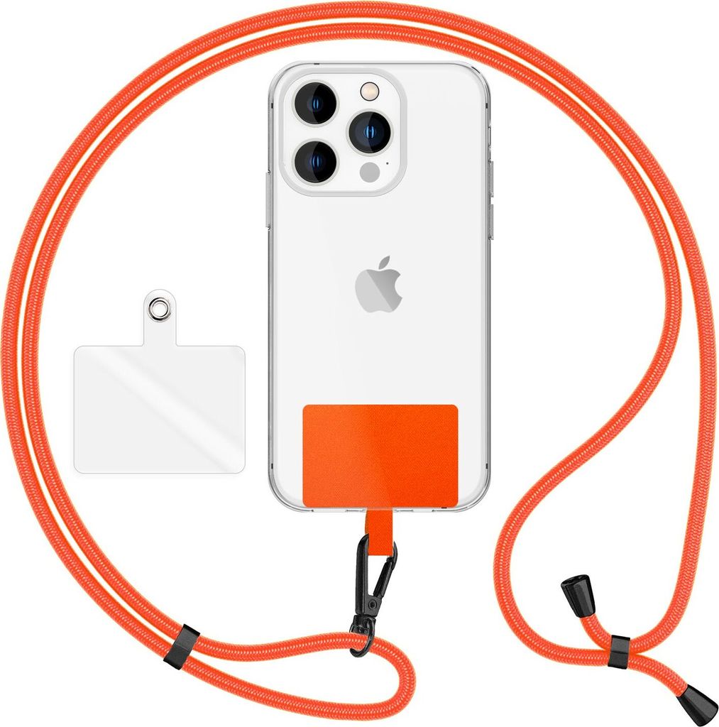 HoldMe Air Edition - Universal Lanyard mit 2 Pads & Karabinerhaken (matt-schwarz) - 160cm Handyband zum Umhängen - Orange