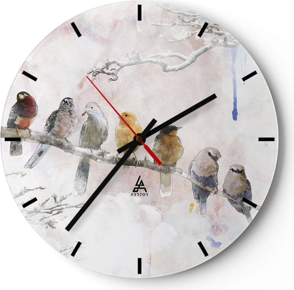 Wanduhr - Rund - Glasuhr - Vögel Kanarienvogel Zweig - 40x40cm - Schleichendes Uhrwerk - Lautlos - zum Aufhängen bereit - Dekoration Modern - Wan...