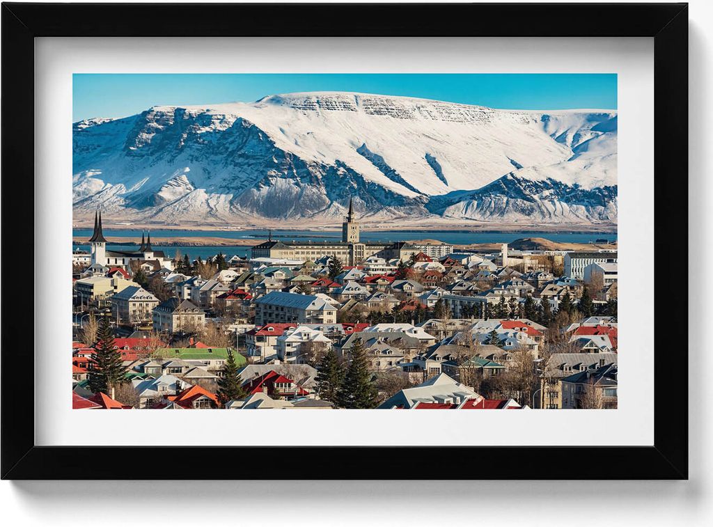 Ansicht von Reykjavík Island– Wandbild mit Rahmen – Gerahmtes Bild – Wanddekoration – 30x20 cm – Schwarz Rahmen