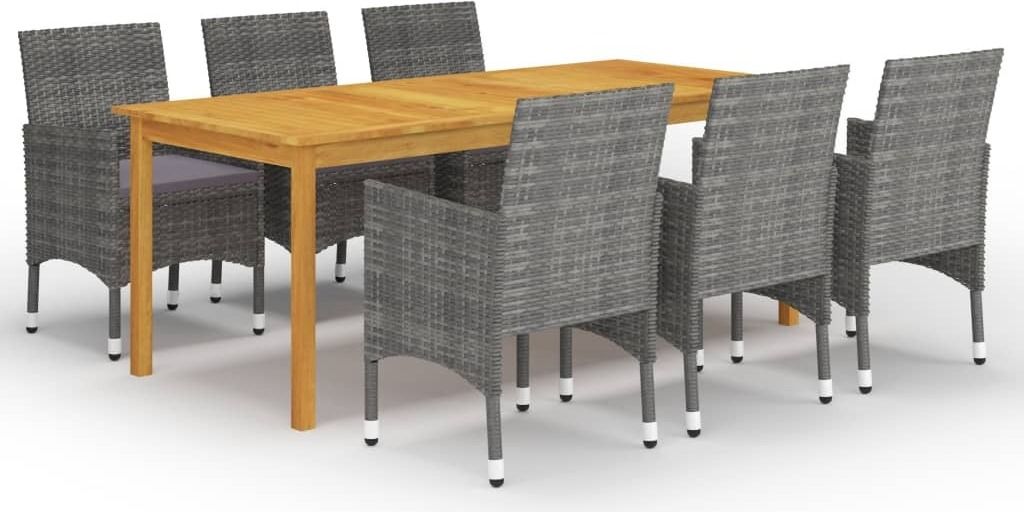 Gartenmöbel-Set 7-tlg. Grau Akazien-Massivholz Rattan Stahl Tisch Stühle Kissen