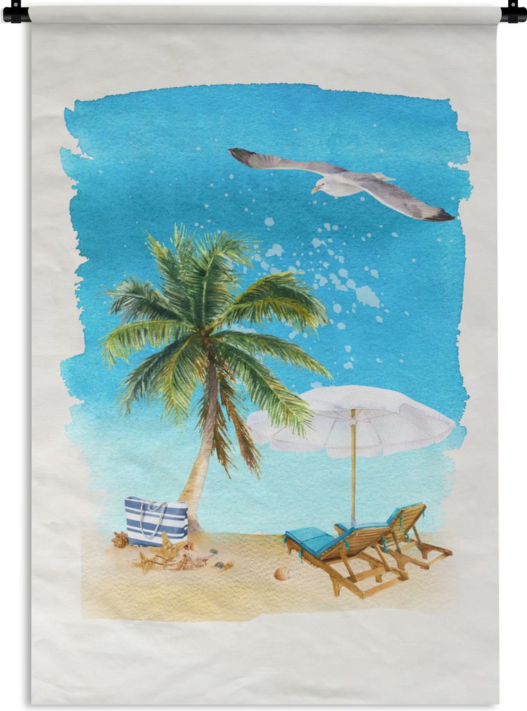 MuchoWow Wandteppich Wandbehang Strandkorb - Sonnenschirm - Palme - Himmel 90x135 cm Tapisserie Dekoration Wandtuch - Baumwolle - Wandskulptur