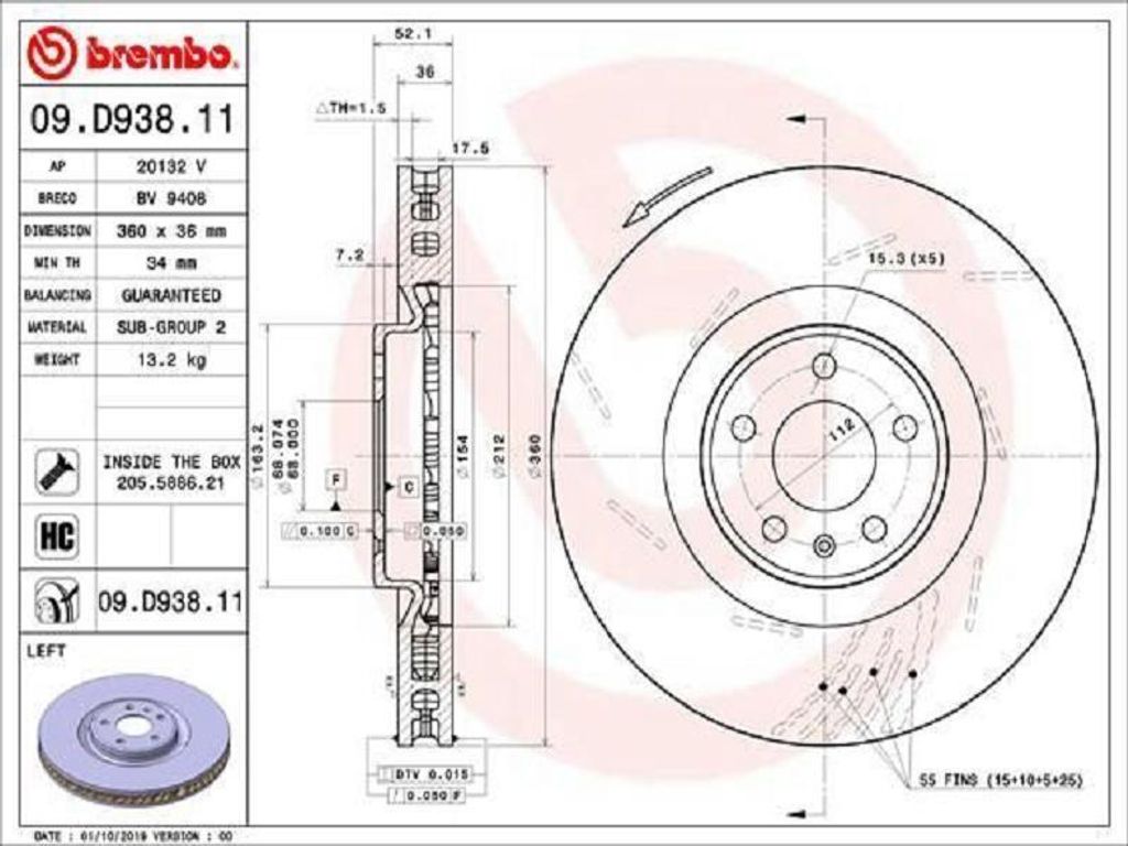 BREMBO Bremsscheibe für PORSCHE Macan (95B) 360mm 09.D938.11
