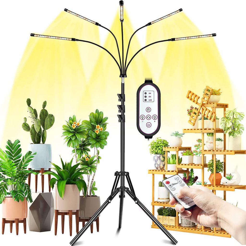 Pflanzenlampe mit Ständer 5 Kopf Pflanzenlicht LED Vollspektrum Grow Light Pflanzenleuchte für Zimmerpflanzen, Sonnenlicht Wachstumslampe mit Timer