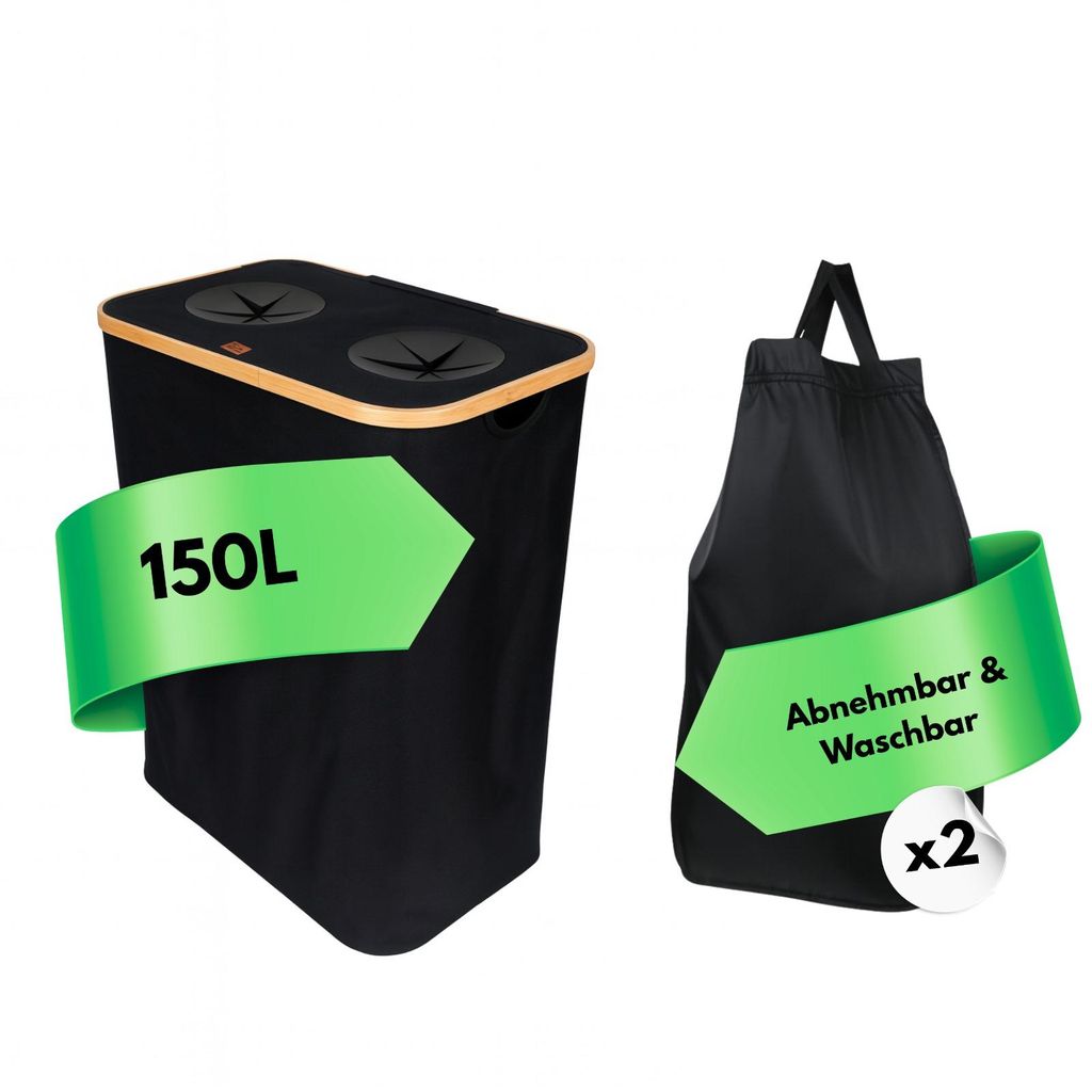 Valle Verde 150L Pfandflaschen Sammelbehälter, 2 Fächer Flaschensammler, Leergut Aufbewahrung - Bambusrahmen & 2x Innentasche - Schwarz, 57x37x70 cm