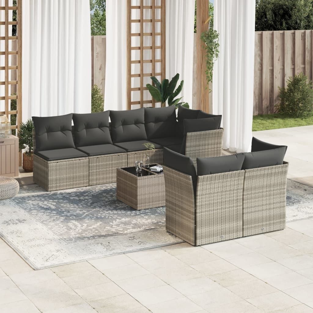 Industrie-Stil 8-tlg. Garten-Sofagarnitur Sofa Set mit Kissen Hellgrau Poly Rattan Terrassenmöbel2024 cloris