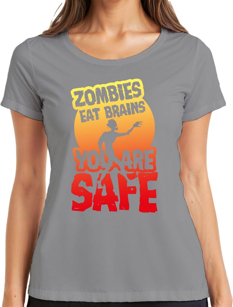 ZOMBIES EAT BRAINS YOU ARE SAFE Halloween Horror Zombie Geschenk Damen T-Shirt, Grau, L