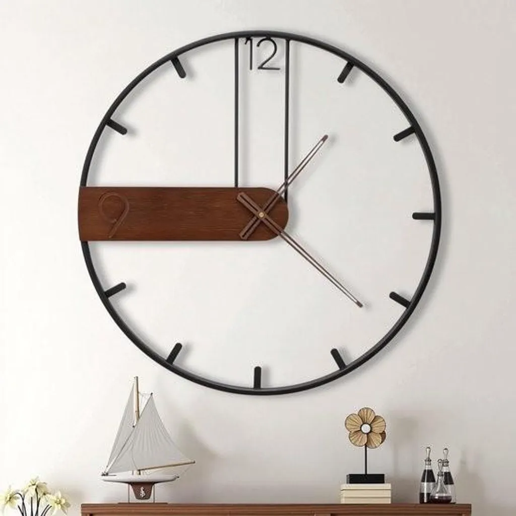 Horloge murale silencieuse sans tic-tac bois brun 60 cm style rétro