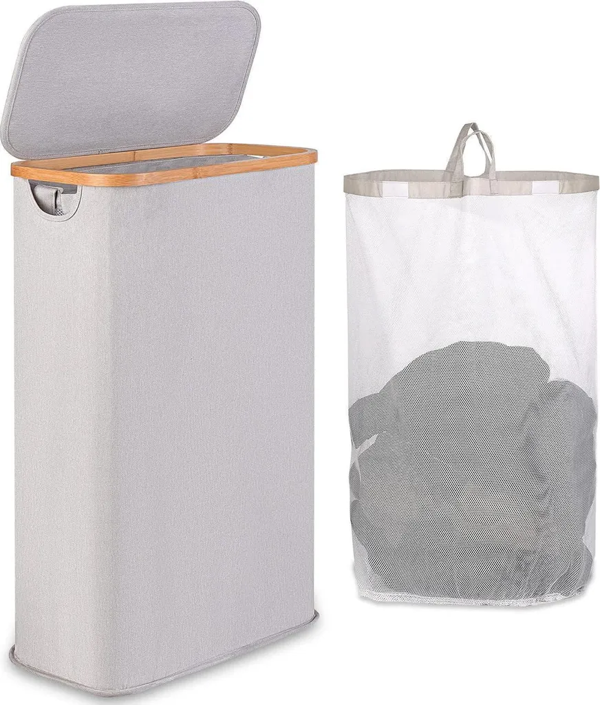 Panier à linge 60L slim design gris clair avec poignées en bambou