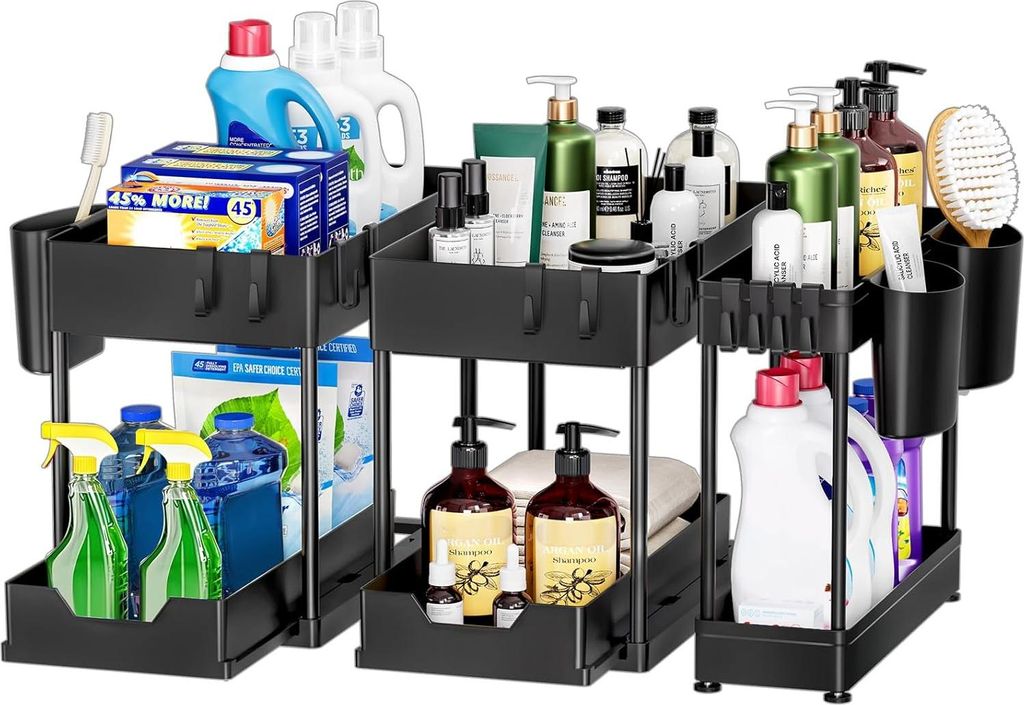 Allecto Premium - 3er-Pack Puricon Ausziehbarer Unterwäsche-Organizer für Badezimmer und Küche - Schwarz - 2 Ebenen - Unter dem Schrank Regal au...