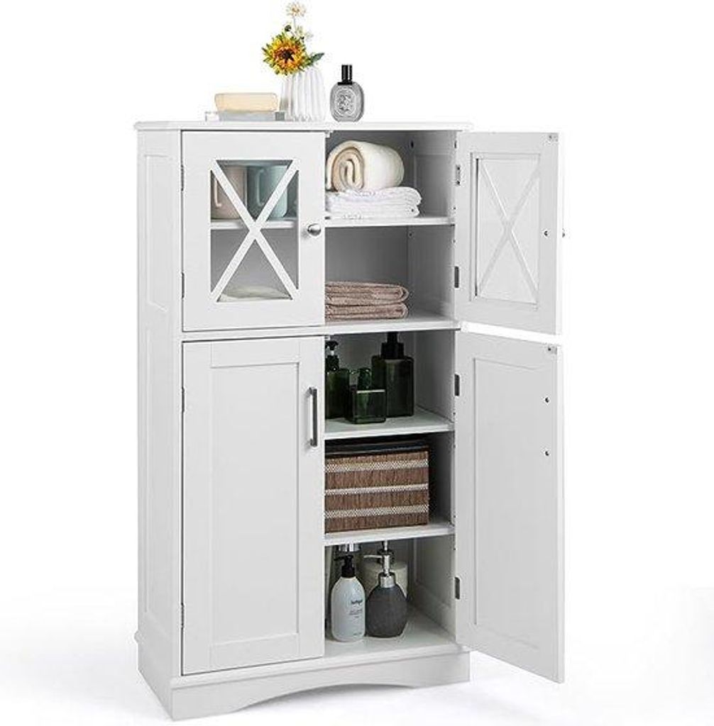 Weißes Holzregal, 4 Türen, verstellbar, 60x30x108 cm, Wohnzimmer