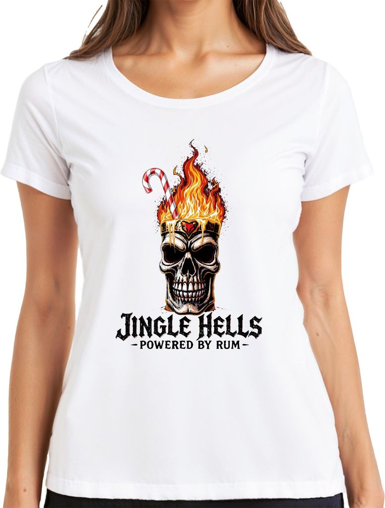 Jingle Hells Powered by Rum Totenkopf Weihnachten Flammen lustig Damen T-Shirt, Weiß, XL