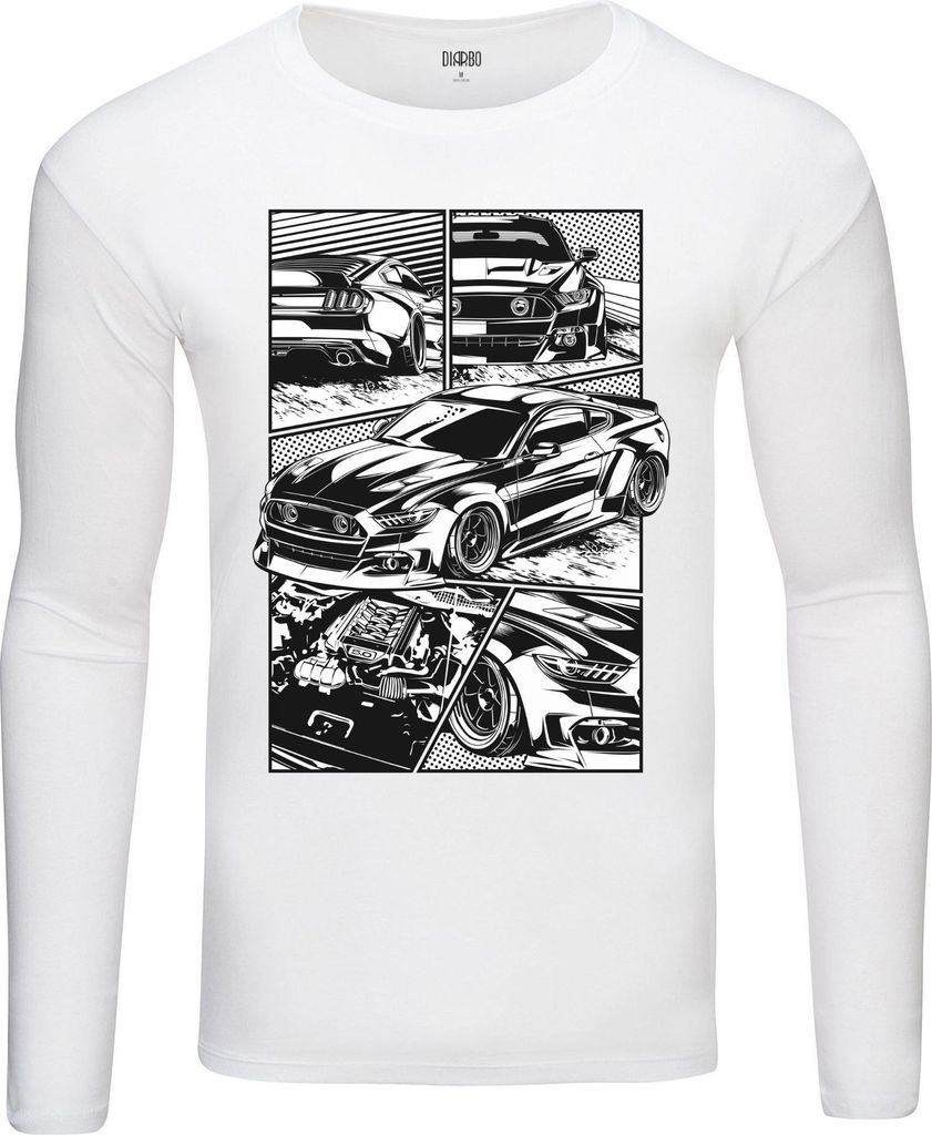 Herren Warm, Langarm-T-Shirt mit Druck Ford Mustang Comic Weiß Gr.L
