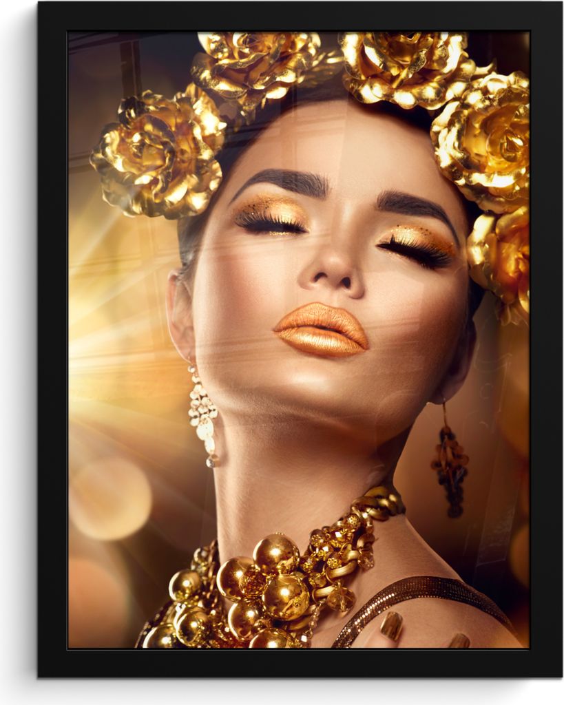 MuchoWow MuchoWow Gerahmtes Poster Frau - Blumen - Gold 30x40 cm - Poster mit zchwarzem Bilderrahmen - Wanddeko - Kunstdrucke