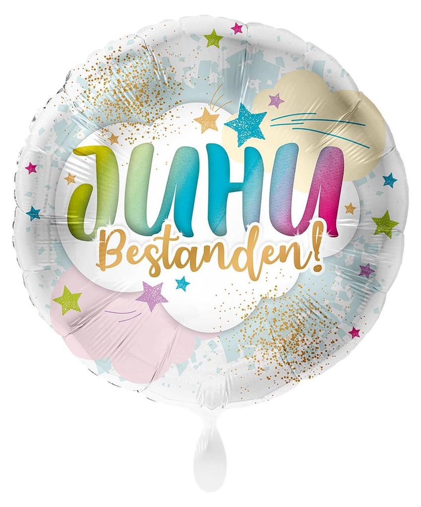 Folienballon Glückwunsch Prüfung - Juhuuuu Bestanden! - Design rund und bunt Ø 43 cm