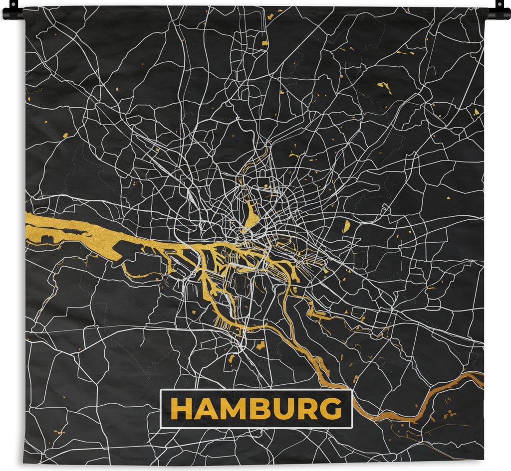 MuchoWow Wandteppich Wandbehang Hamburg - Deutschland - Karte - Gold - Stadtplan 90x90 cm Tapisserie Dekoration Wandtuch - Wandaufhänger