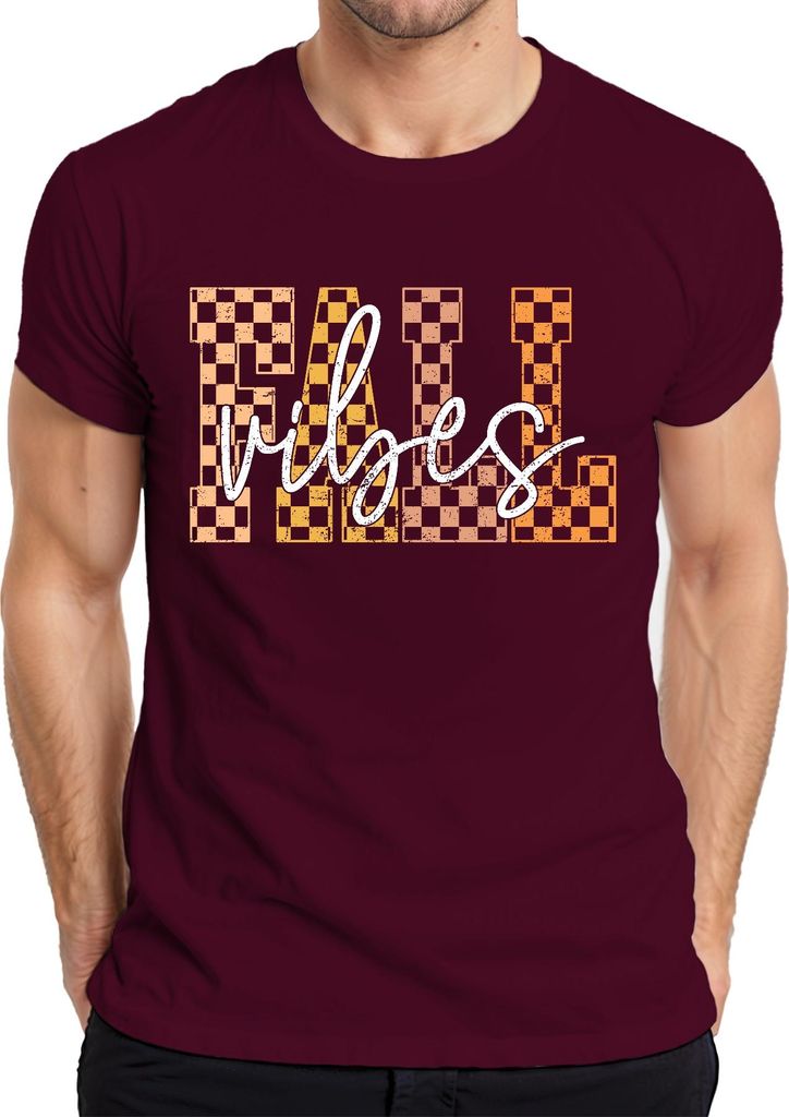 Fall Vibes Herbst kariert Karo Muster Vintage Retro Grunge Boho Herren T-Shirt, Burgundy, L
