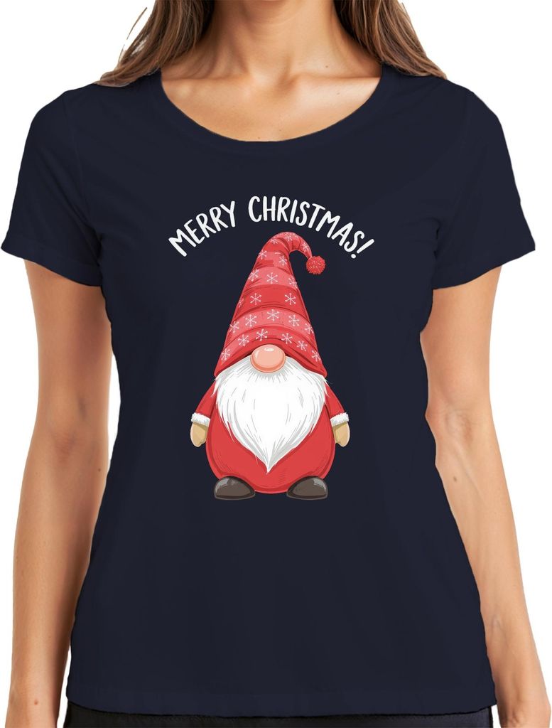 Merry Christmas! Weihnachtsgnom Wichtel Weihnachten Schneeflocken Damen T-Shirt, Navy, S