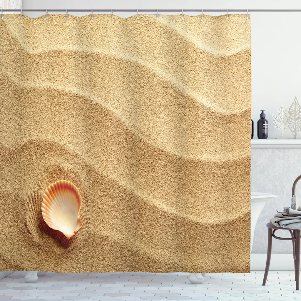 ABAKUHAUS Tenda da doccia con conchiglie, Seashells sabbia gialla, opaca, incl. 12 anelli, resistente a batteri e muffe, 175 x 180 cm, sabbia marrone