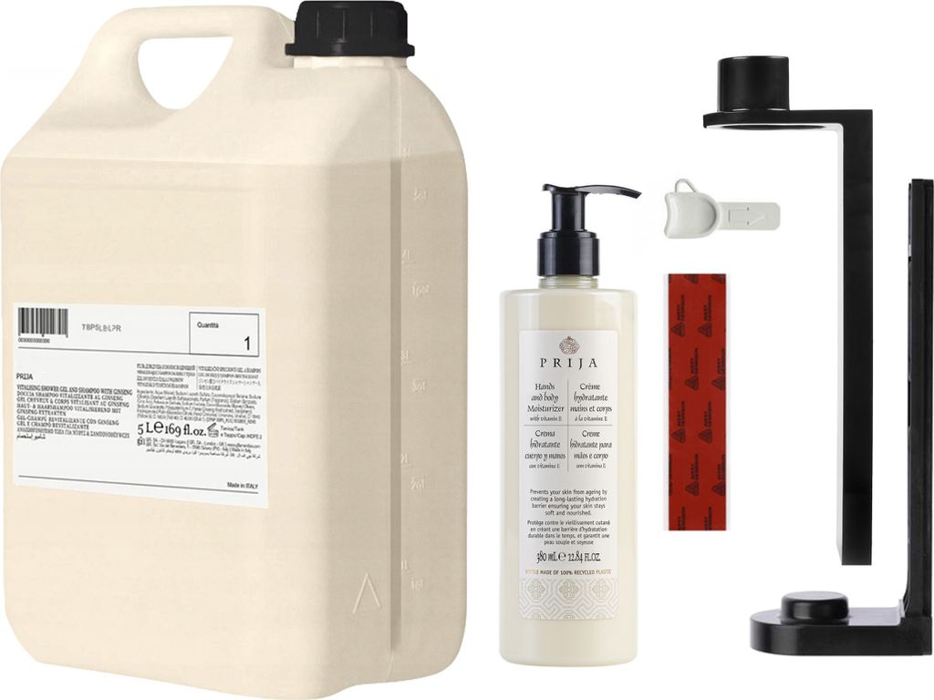 PRIJA Badezimmer-Set: schwarzer Flaschenhalter, 380ml Feuchtigkeitscreme + 5l Vorrat