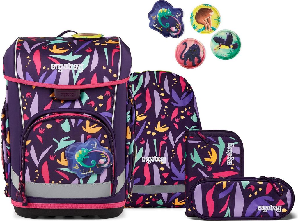 A set of school supplies including a backpack, a pencil case, and a small pouch, all with a jungle-themed pattern.