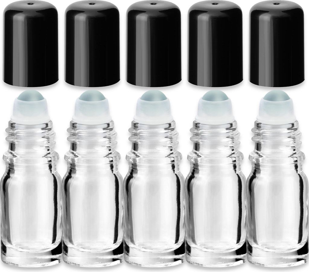 Glasflasche klar 5 ml Roll-On mit schwarzem Verschluss – 5er-Set