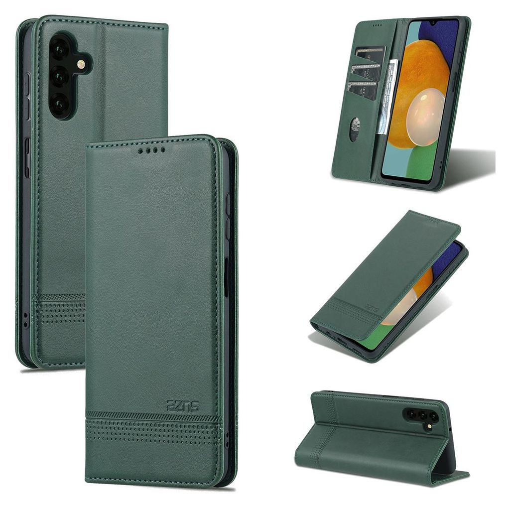 A collage of images showing a green leather phone case for a Samsung Galaxy A14 5G.
