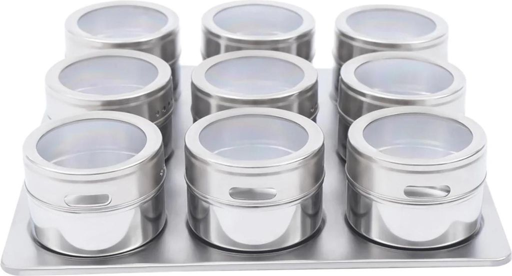 Magnetisches Gewürzregal - Gewürzdosen Set 9-teilig - Edelstahl - 70 ml pro Dose - Streudeckel - Modernes Design - Silber