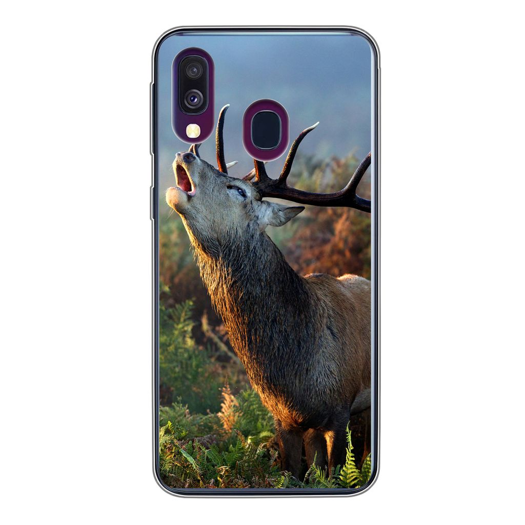 MuchoWow Handyhülle Schutzhülle Hülle für Samsung Galaxy A40 Hirsche - Wald - Nebel Silikon Softcase Handy Hülle - Handy-Tasche