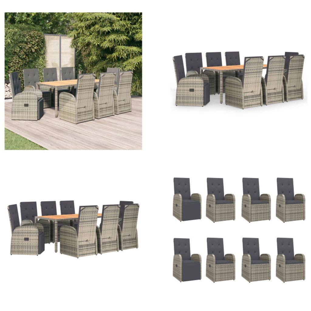 vidaXL 9 tlg. Garten Essgruppe mit Kissen Grau Poly Rattan - Garten Essgruppe - Garten Essgruppen - Essgruppe - Essgruppe Terrasse