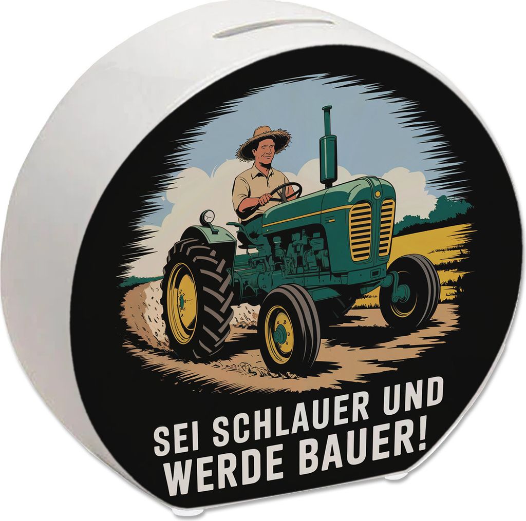 Bauer auf grünem Traktor Spardose - Sei schlauer werde Bauer