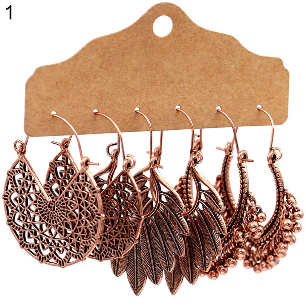 3Pairs Boho Gypsy Frauen Feder Runde Hohl Baumeln Haken Ohrringe Party Schmuck-1