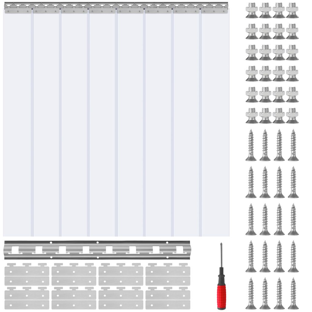 A product image showing a clear PVC strip curtain and its mounting hardware, including screws and brackets.