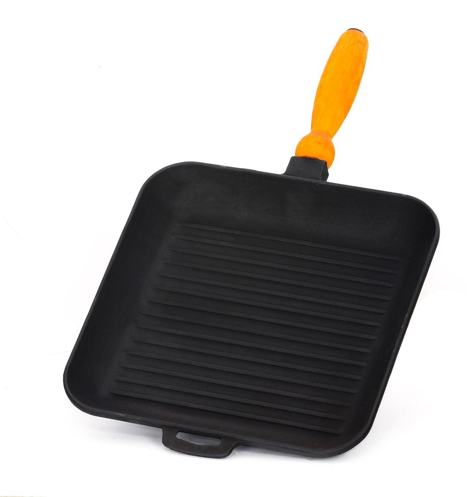 Gusseisen Grillpfanne 28x28 cm mit abnehmbarem Holzgriff – Produktbild 