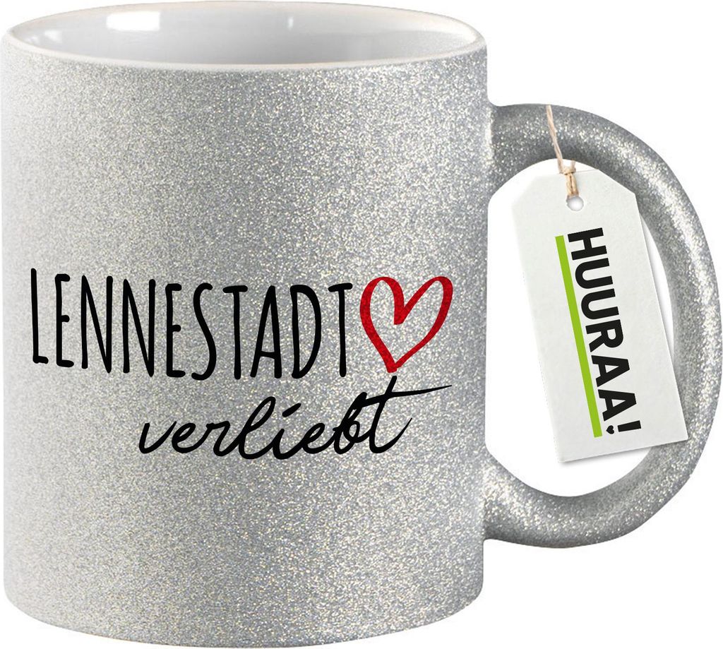Huuraa Glitzertasse Lennestadt verliebt 330ml Silber Keramik Kaffeebecher Geschenkidee