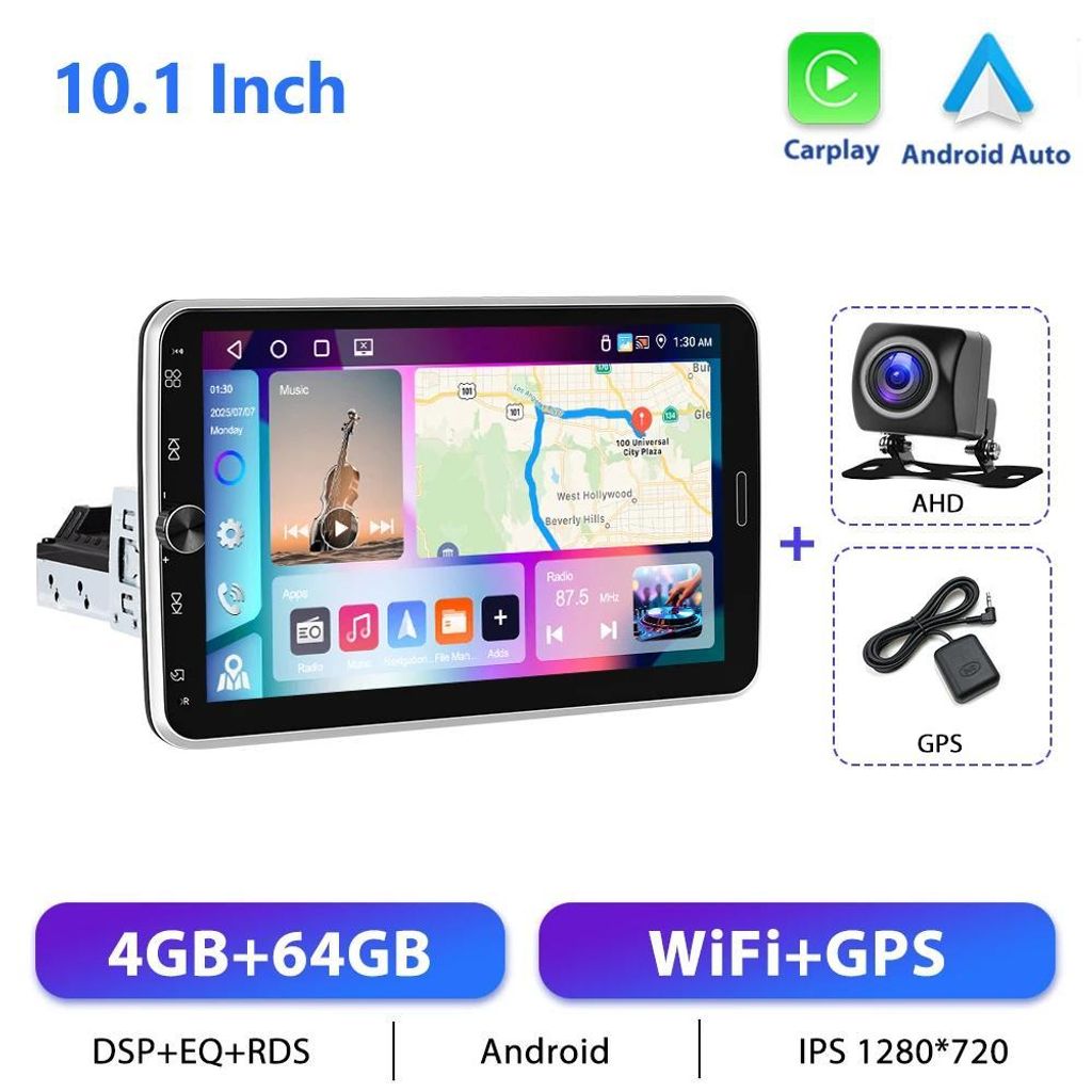 Autoradio - 1-DIN Android CarPlay - Drehbares 25,4 cm Vertikaldisplay - Speicher 4GB RAM 64GB ROM - AHD-Rückfahrkamera-Unterstützung - Auflösung...