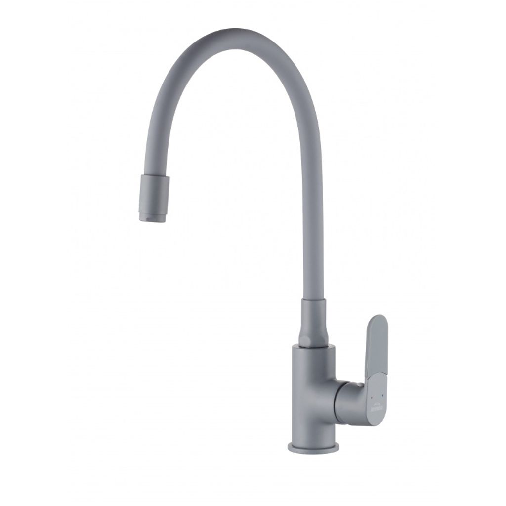 A single gray kitchen faucet with a flexible spout is shown against a white background.