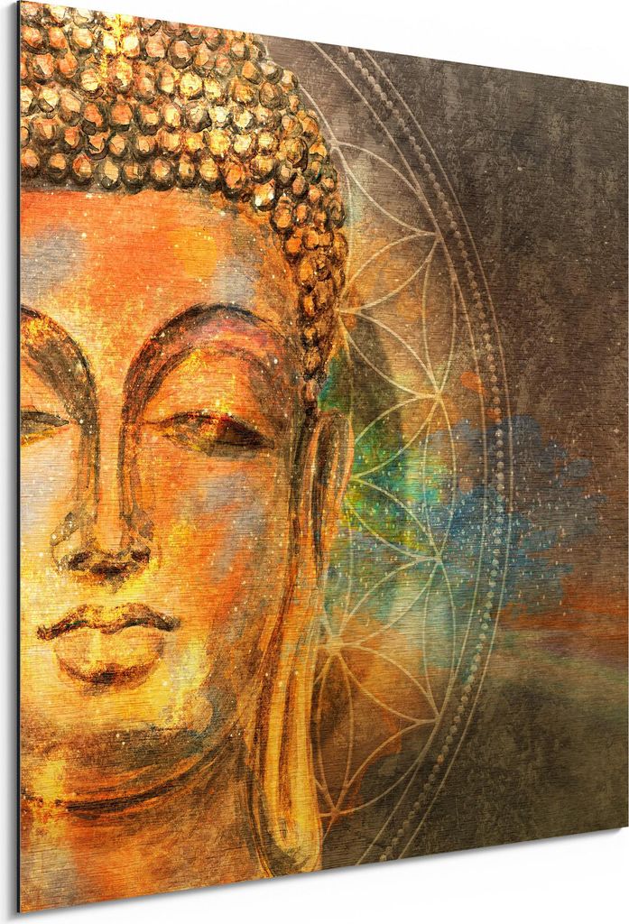 DEQORI Alu-Dibond Bild Gold 30x30 cm 'Meditierender Buddha' Wandbild Metall dünn Design