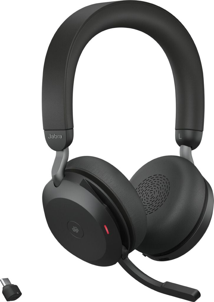 A studio shot of a black Jabra Evolve2 75 headset.