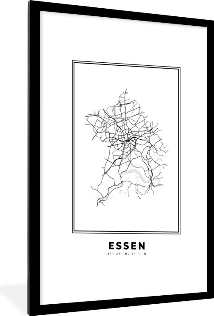MuchoWow Gerahmtes Poster Deutschland - Essen - Stadtplan - Karte - Schwarz-Weiß - Karte 60x90 cm - Poster mit Schwarzem Bilderrahmen Wandposter...