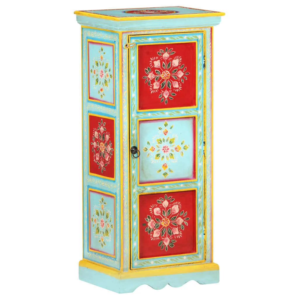 Petit Buffet Haut en Bois Massif de Manguier avec Motifs Peints à la Main