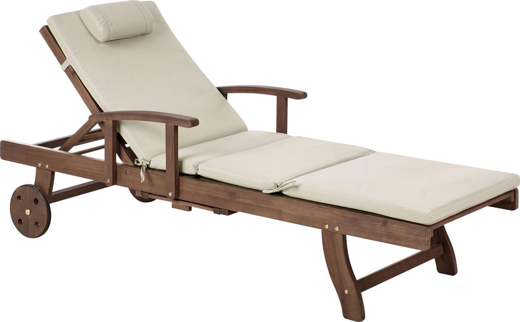 BELIANI Gartenliege Dunkelbraun u. Taupe Akazienholz Verstellbar Rollbar Sonnenliege mit Tisch und Auflage Terrasse Garten Balkon Modernes Design