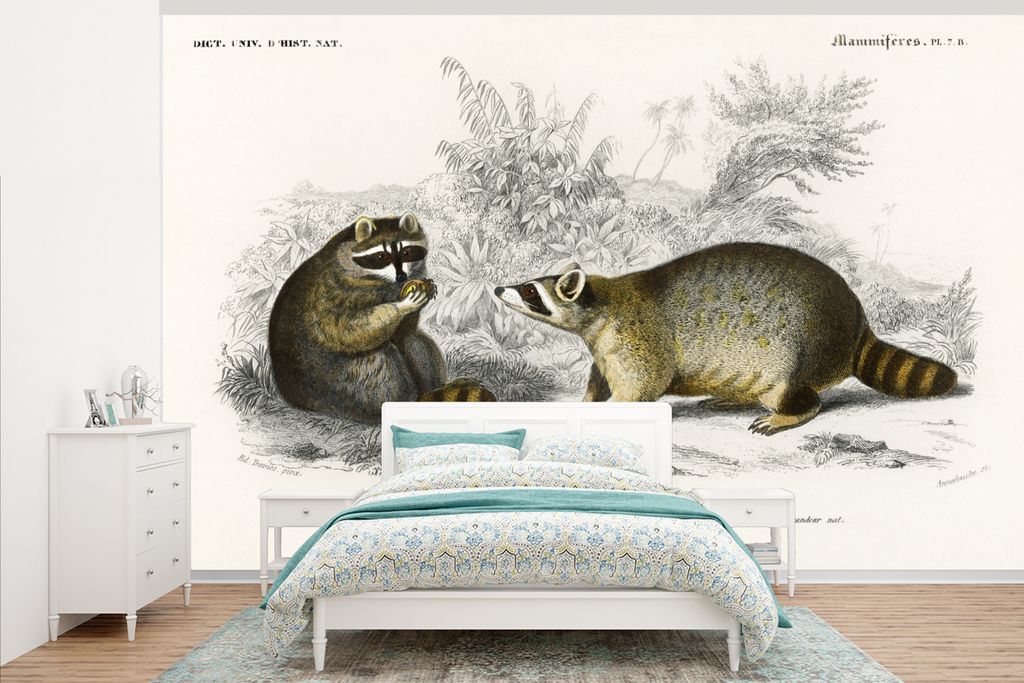 MuchoWow Fototapete für Wohnzimmer oder Schlafzimmer Wandtapete Vinyl Motivtapete Waschbär - Vintage - Pflanzen - 405x260 cm - Die Küche