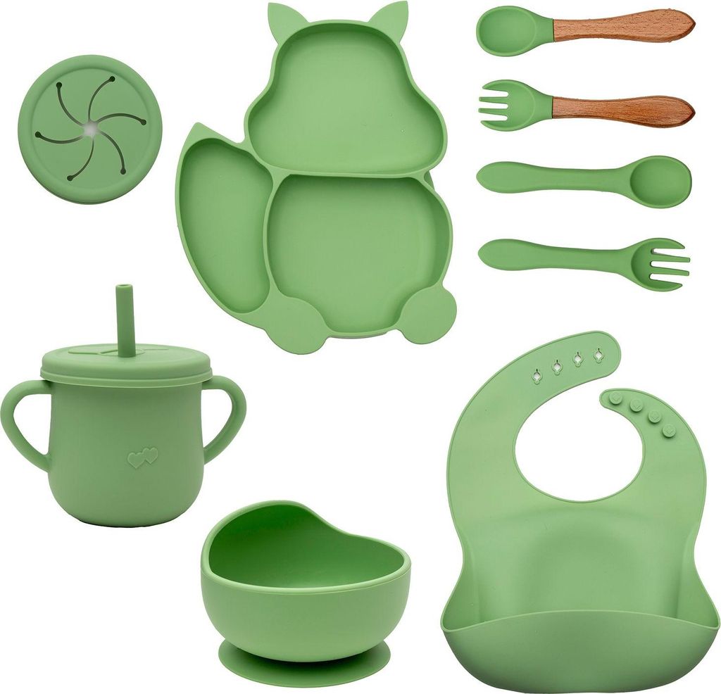Intirilife Baby Geschirr Set Fütterungsset aus Silikon in Grün - 8-teiliges Set - Becher mit Strohhalm Lätzchen mit Auffangschale Besteck und Te...