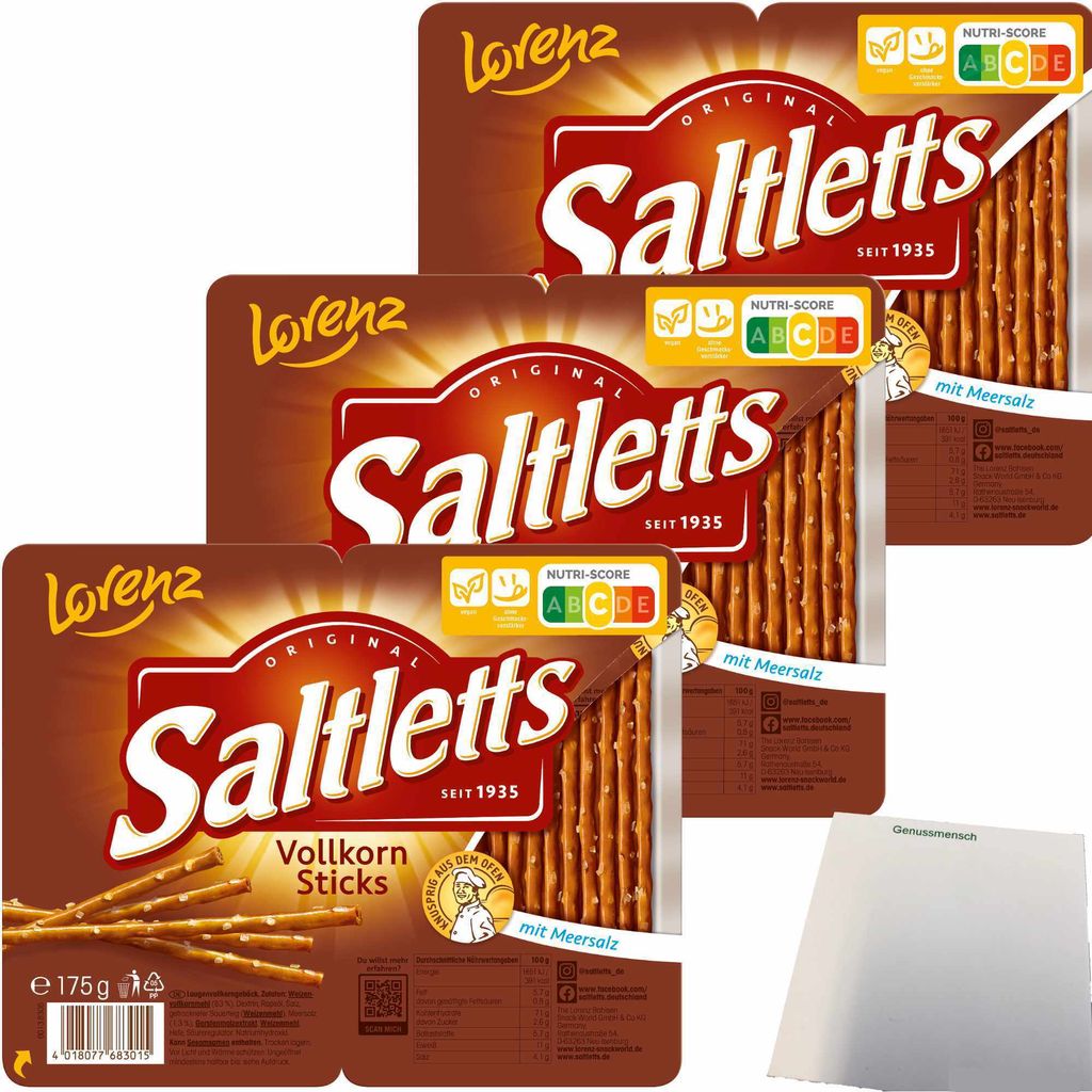 Lorenz Saltletts Sticks Vollkorn Salzstangen mit Meersalz 3er Pack (3x175g Packung) + usy Block