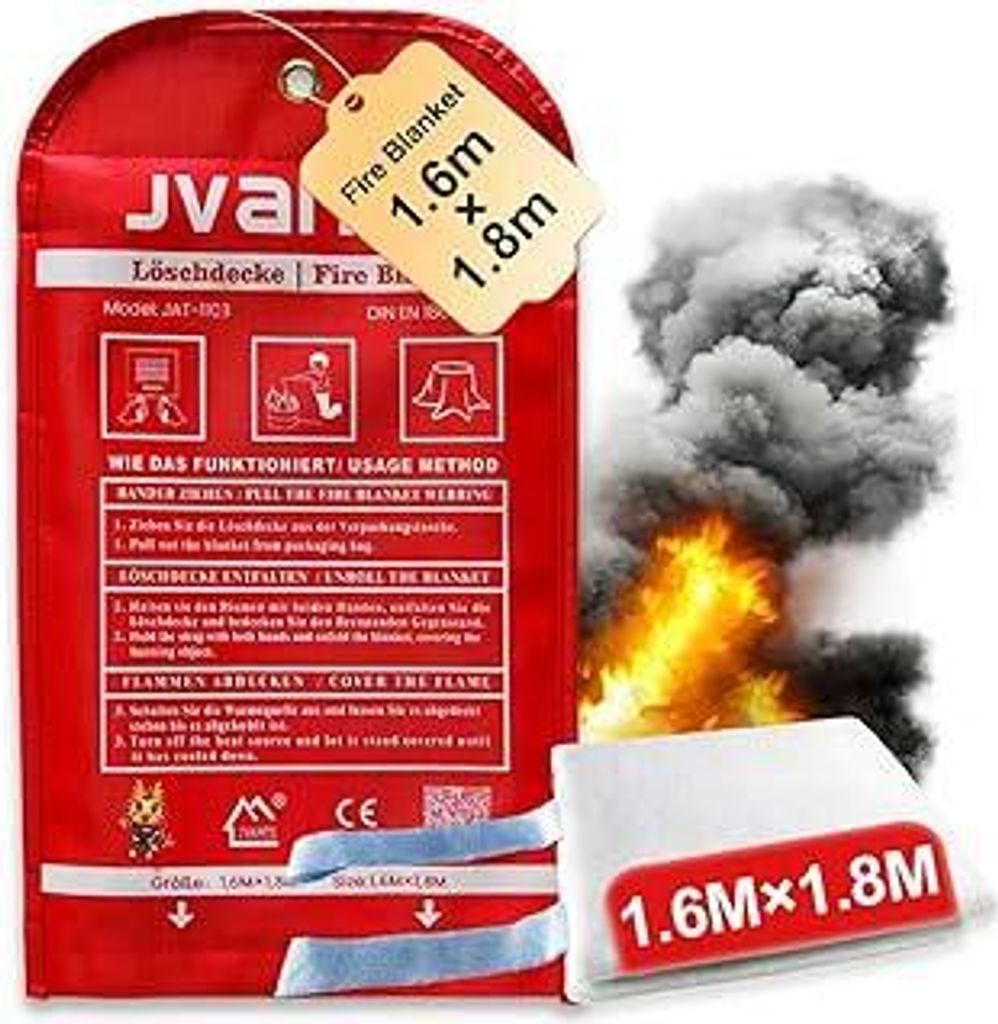 JVANTE Feuerlöschdecke Löschdecke für küche1,6x1,8m DIN EN 1869:2019 – Hochwertige Sicherheits-Fiberglas-Decke für Fettbrände, Auto, Küche...