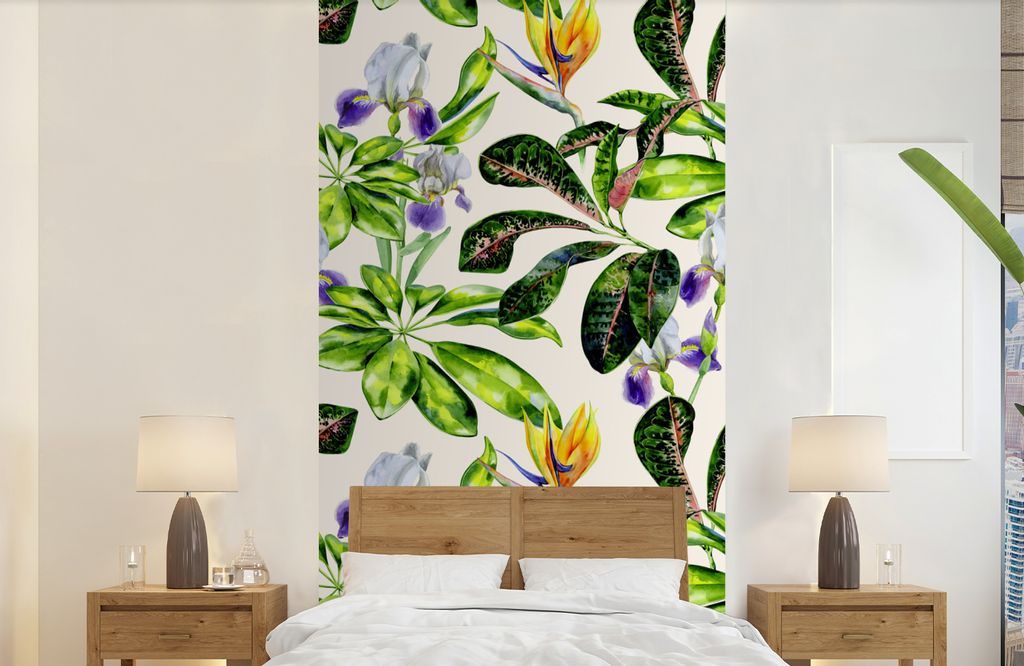 MuchoWow Fototapete für Wohnzimmer oder Schlafzimmer Wandtapete Vinyl Motivtapete Blätter - Strelitzia - Blüte - 120x240 cm - Hintergrundbild