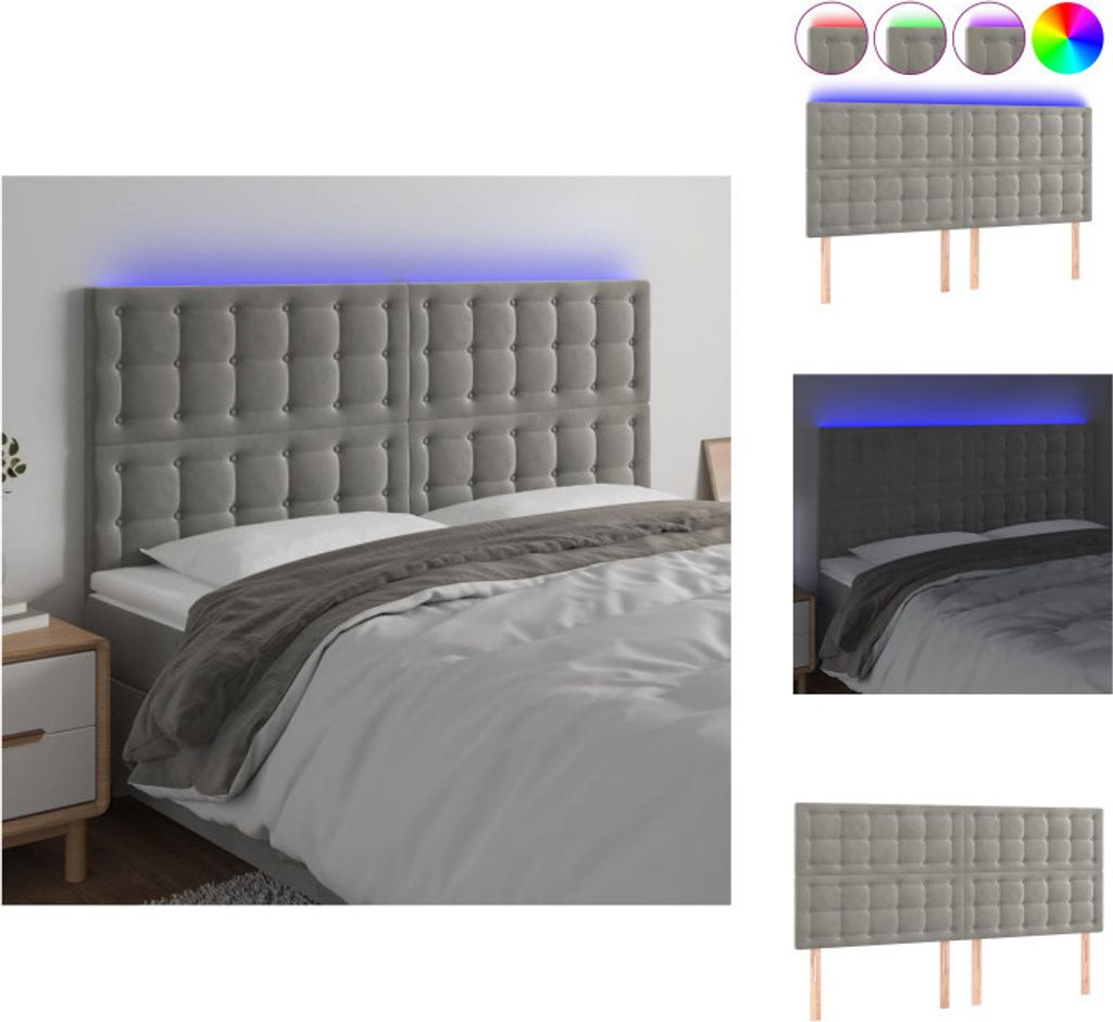 vidaXL LED Kopfteil Hellgrau 160x5x118/128 cm Samt - Kopf- & Fußenden