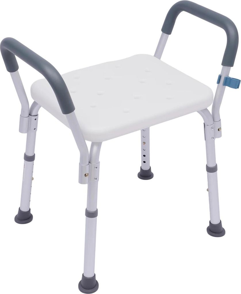 Duschstuhl - Höhenverstellbarer Badestuhl - Höhe 37–49 cm - Tragkraft 150 kg - Mit Armlehnen - Aluminiumrahmen, HDPE-Sitz - Freistehend für Du...